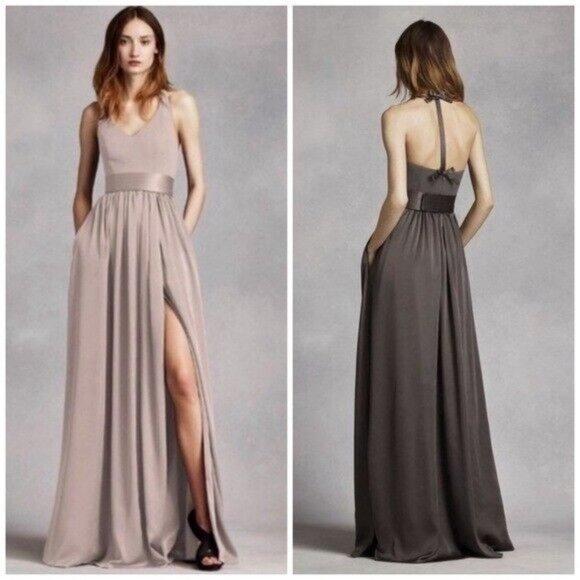 Vera Wang White Quartz V Neck Halter Gown with Sash VW360214 Size 16 - Picture 2 of 16